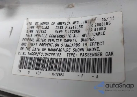2013 Honda Accord Lx from USA, damaged, VIN 1HGCR2F31DA209152